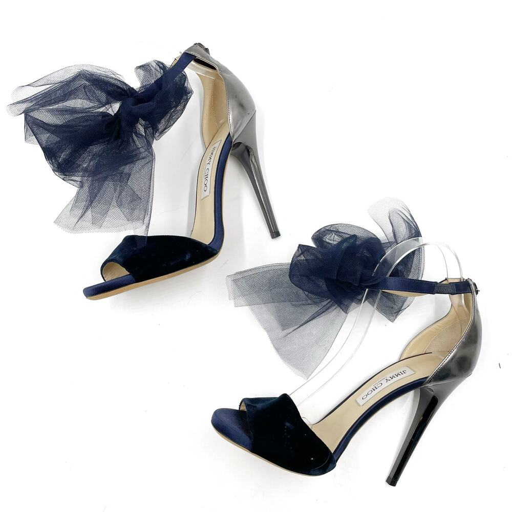 Jimmy Choo Navy Blue and Silver Tulle Ankle-Tie Stiletto Sandals - Picture 10 of 14